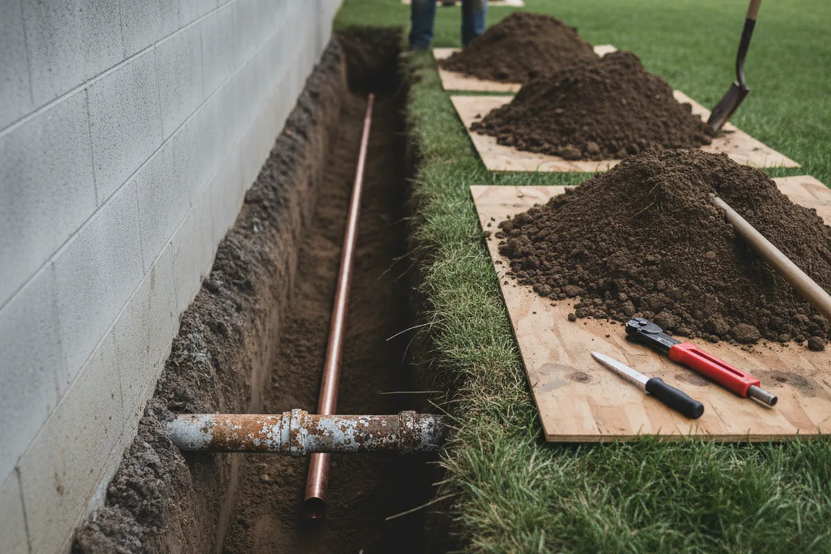 Excavated water line trench during Sewer Line Repair in Rock Creek